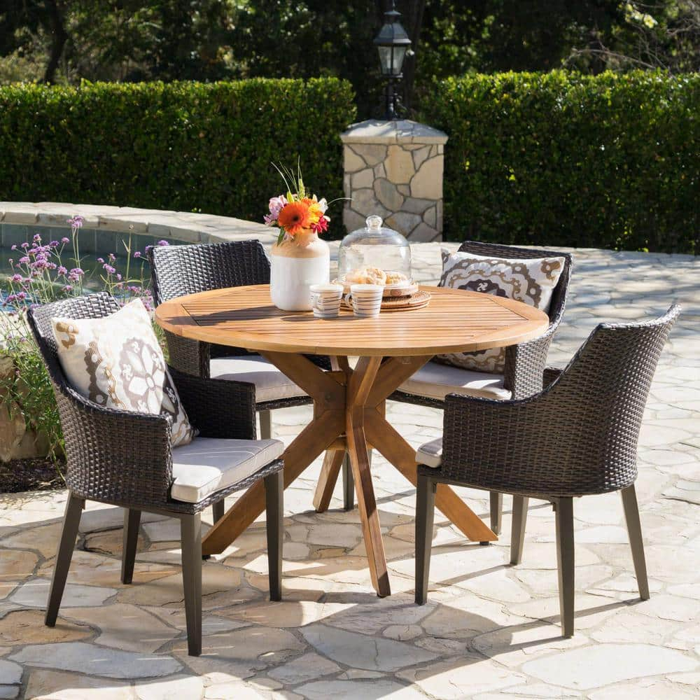 Ryan Multi-Brown 5-Piece Faux Rattan Round Outdoor Patio Dining Set with Light Brown Cushions -  Noble House, 22676