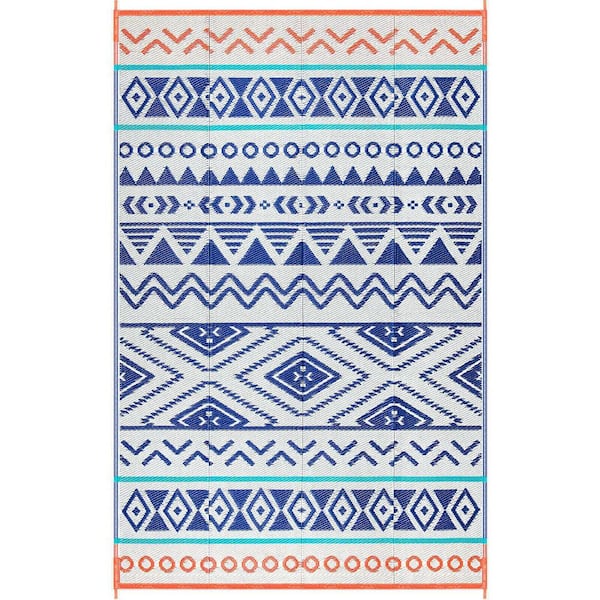 Angel Sar 5 ft. x 8 ft. Outdoor Durable Waterproof Plastic Straw Area Rug for Patio, Backyard Porch and Camping, Blue and Red