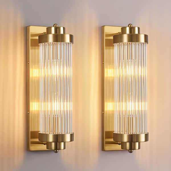 Home Lighting 5.51 in. 2-Light Gold Modern Wall Sconce with Modern Crystal Glass Strip Shade (JW-652-2Pack)