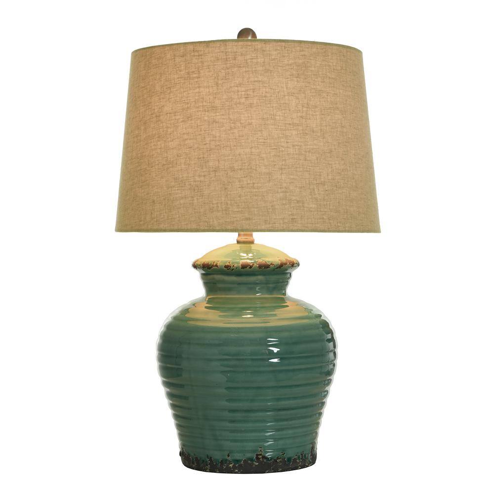 Turquoise Ceramic Table Lamp with Beige Linen Shade