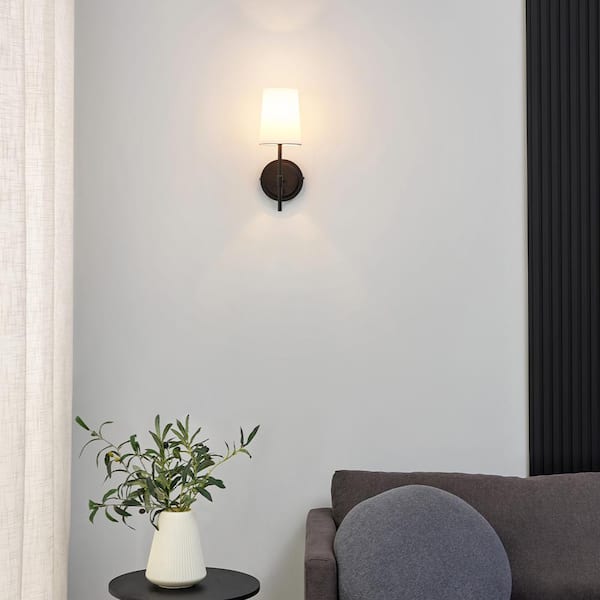 Ridgeway 1-Light Matte Black Plug In / Hardwired  Wall Sconce, White Fabric Shade