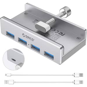 USB 3.0 Hub Clamp, Aluminum 4-Port USB Splitter with Extra Power Supply Port and 4.92 ft. Cable
