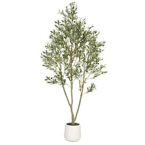 7FT Artificial Olive Tree with White Planter, Artificial Plants with Natural Wood Trunk and Lifelike Fruits