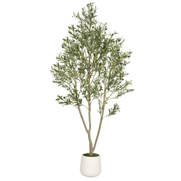 hykolity 7FT Artificial Olive Tree with White Planter, Artificial Plants with Natural Wood Trunk and Lifelike Fruits