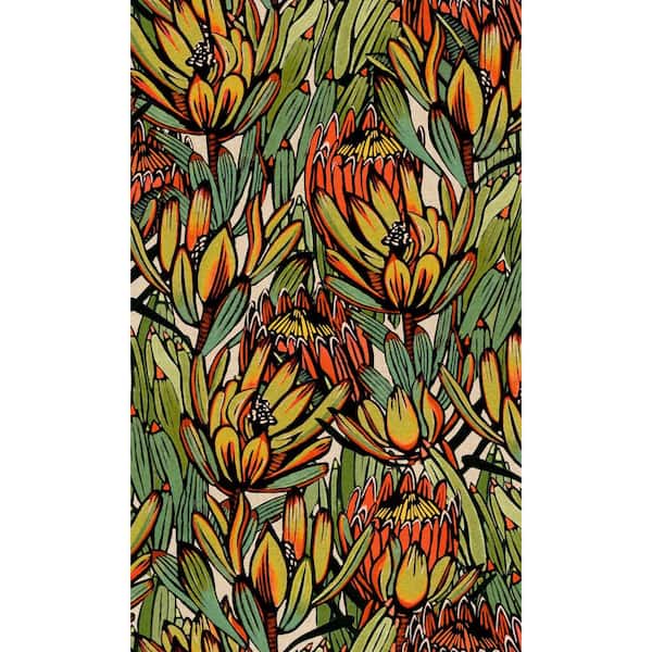 Walls Republic Green/Orange Exotic Protea Flower Print Non-Woven Non-Pasted Textured Wallpaper 57 sq. ft.