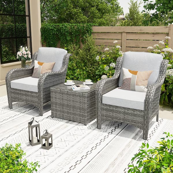 XIZZI Polar 3-Piece Gray Wicker Patio Conversation Set with Gray Cushions and Coffee Table