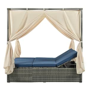 Gray Metal Outdoor Adjustable Day Bed with Curtain and Blue Cushions