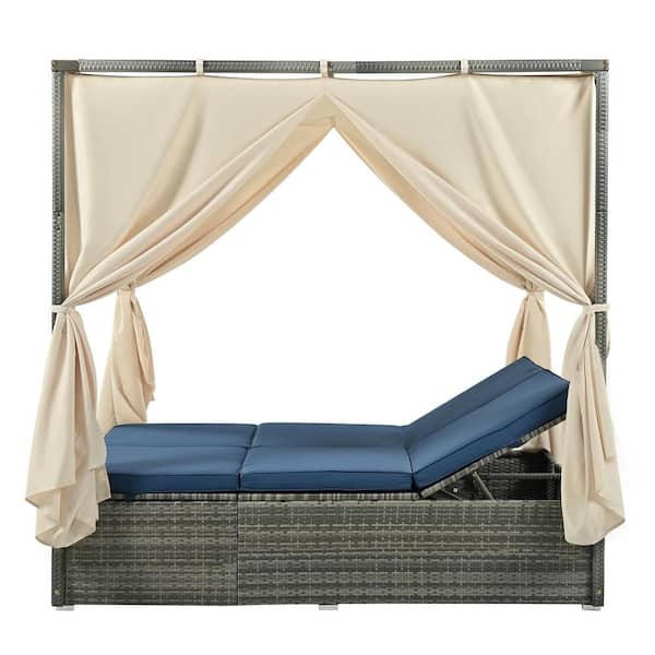 Sudzendf Gray Metal Outdoor Adjustable Day Bed with Curtain and Blue Cushions