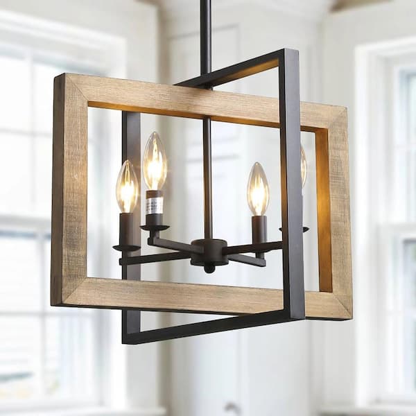 LNC 4-Light Black Modern Farmhouse Geometric Caged Wood Candelabra Chandelier LED Compatible Pendant Lighting