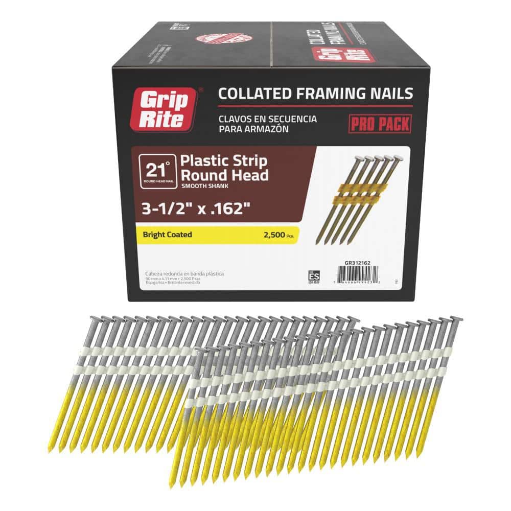 Grip Rite 3 1 2 in. x 0.162 in. 21 Plastic Collated Bright Coated Smooth Shank Round Head Framing Nails 2500 per Box GR312162 The Home Depot