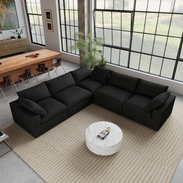 117.9 in. Square Arm Linen L-Shaped Down Sofa with Removable Covers For Living Room 5-Pieces in Black