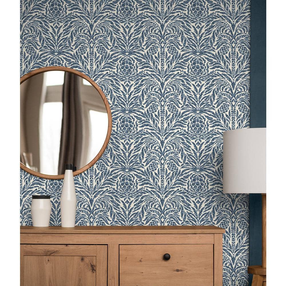 Indigo Damask Self-Adhesive Vinyl Peel and Stick Wallpaper Roll