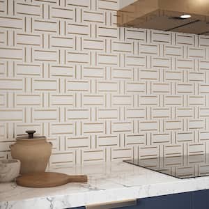 Brass Tracks White 12.125 in. x 10.75 in. Linear Honed Marble and Metal Mosaic Wall and Floor Tile (9.05 sq. ft./Case)