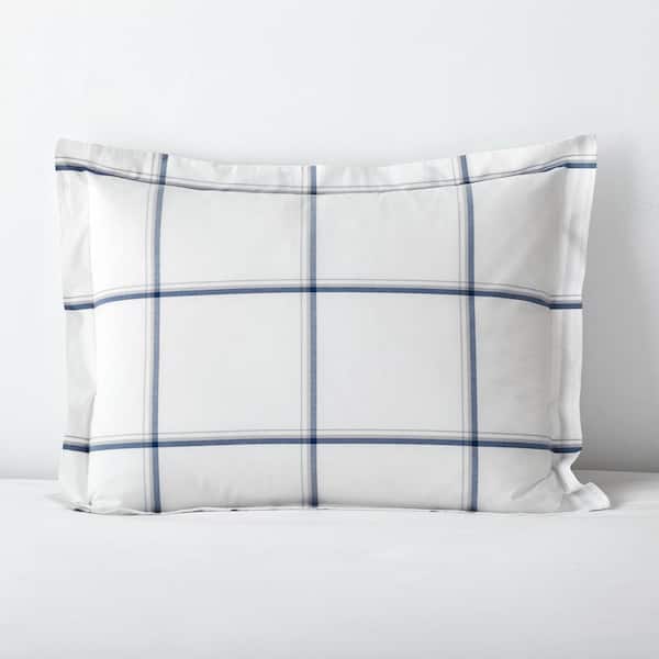 The Company Store Company Cotton Window Pane Plaid Navy 200 Thread Count Yarn-Dyed Cotton Percale King Sham