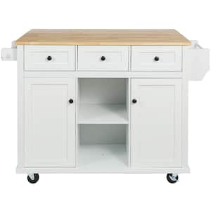 White Rubber Wood Kitchen Cart with Cabinets