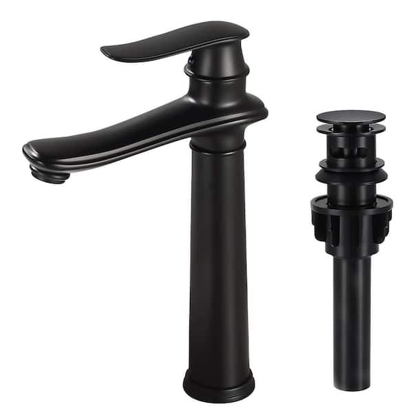 Single Handle Single Hole Bathroom Vessel Sink Faucet, Waterfall Bathroom Sink Faucet with Pop-Up Drain in Matte Black