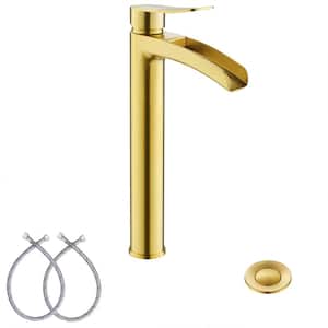 Brushed Gold Tall Bathroom Vessel Sink Faucet, Single Hole Single Handle Waterfall Modern Bathroom Faucet