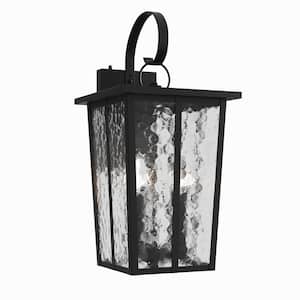 Hawaii 18.58 in. Classic Black 3-Light Dusk to Dawn Outdoor Hardwired Lantern Sconce with Clear Hammered Glass Shade