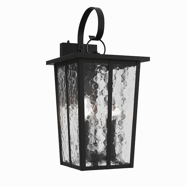 Maxax Hawaii 18.58 in. Classic Black 3-Light Dusk to Dawn Outdoor Hardwired Lantern Sconce with Clear Hammered Glass Shade