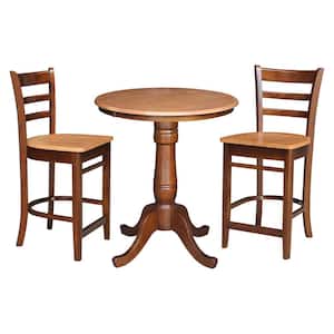 3-Piece 30 in. Espresso/Cinnamon Solid Wood Round Table with 2-Side Stools