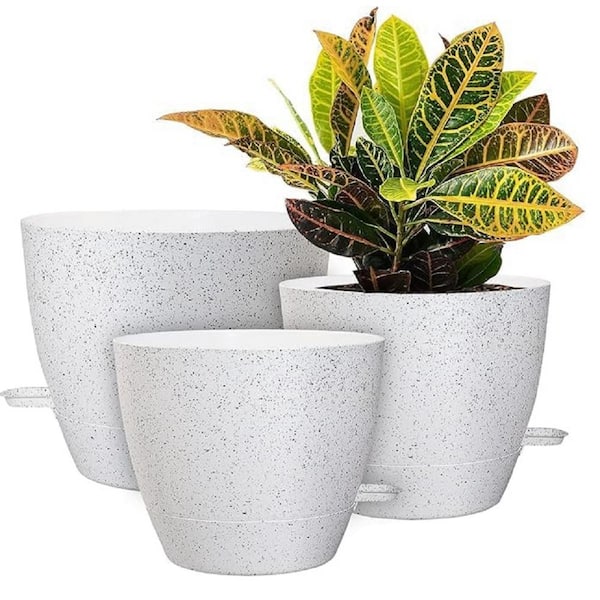 ITOPFOX Garden 10 in. L x 10 in. W x 7.3 in. H White Speckles Plastic Round Indoor Planter (3-Pack)