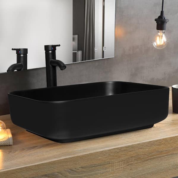 Tahanbath Ceramic Rectangular Vessel Sink with Stainless Steel Faucet and Pop-Up Drain in Oil Rubbered Bronze