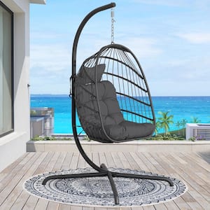 Foldable 350LBS 1-Person Wicker Porch Swing with Gray Body, Dark Gray Cushion without Cover, Egg Chair with Stand