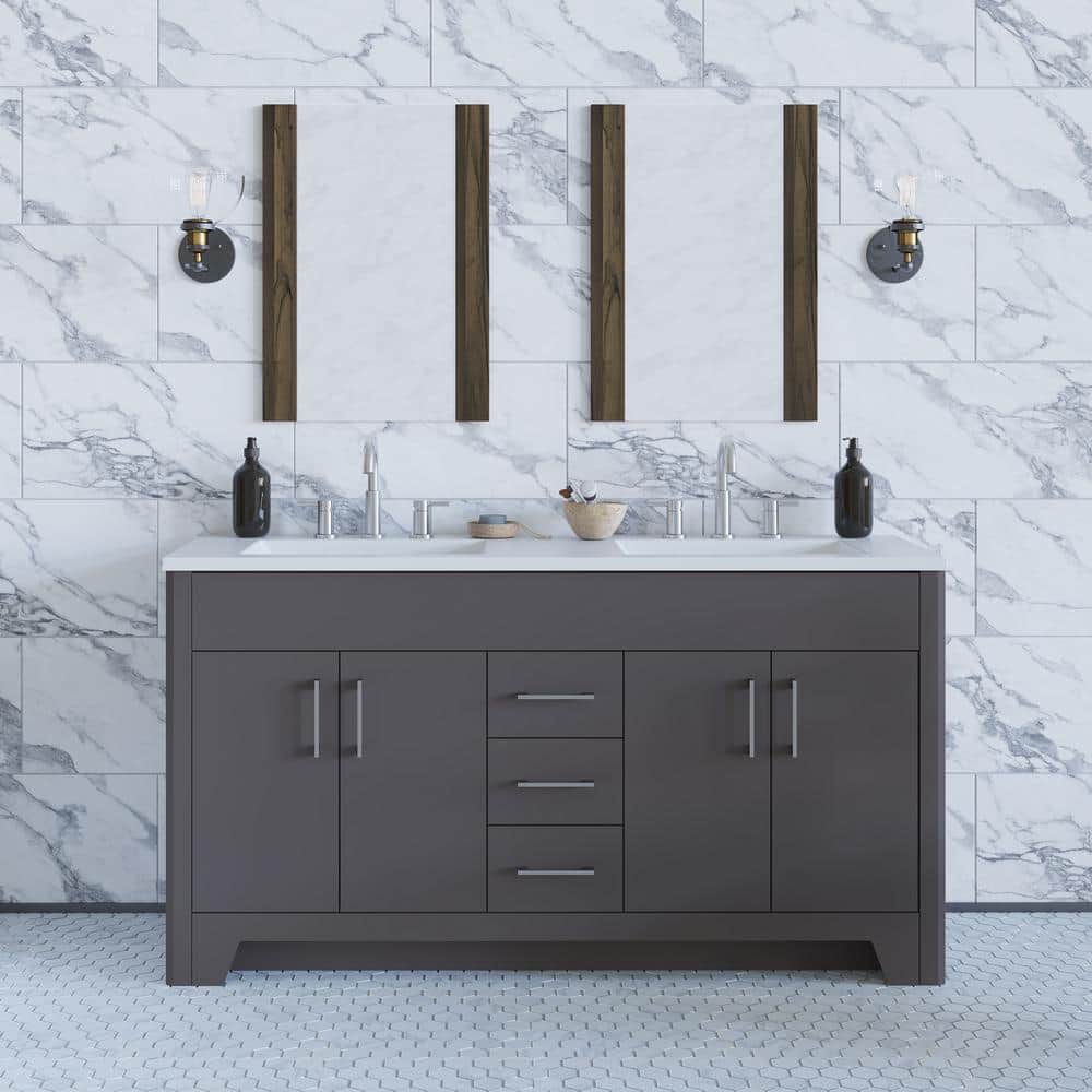 Branine 61 in. Double Sink Cement Bath Vanity with White Cultured Marble To