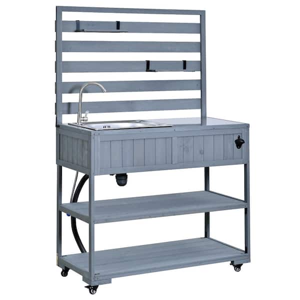 Gray Wood Patio Garden Potting Bench with Sink,Stainless Table Top,2 Movable Shelves and 1 Bottle Opener