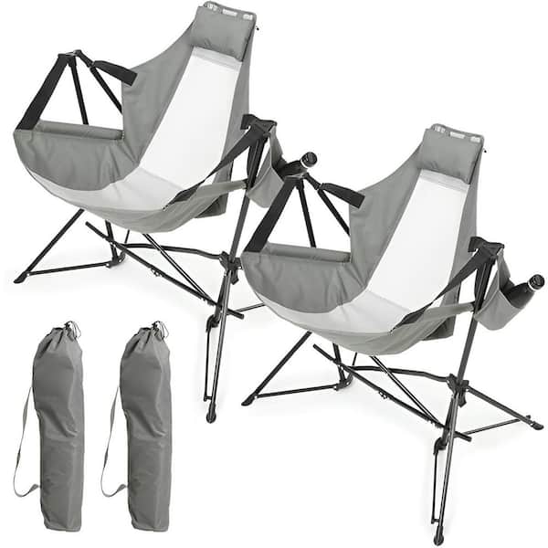 Gray Hammock Camping Chair Folding Portable Rocking Chair with Pillow Cup Holder, Carry Bag (2-Pieces)