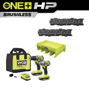 ONE+ HP 18V Brushless Cordless 2-Tool Combo Kit with Batteries, Charger, Bag, LINK Tool Organizer Shelf and Wall Rails