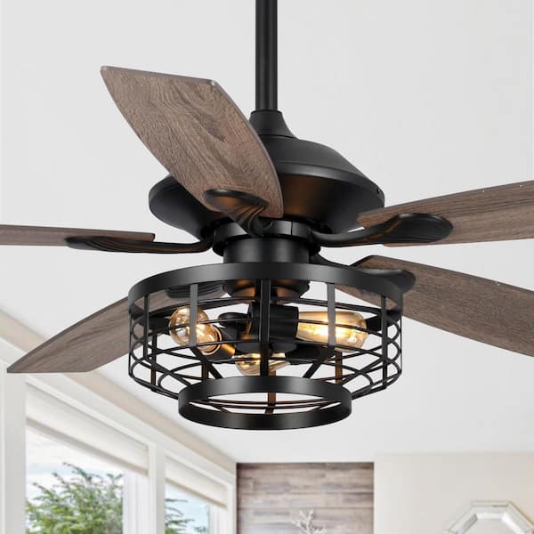 Paquette 52 in. Industrial Indoor Matte Black Ceiling Fan with Light Kit and Remote Control