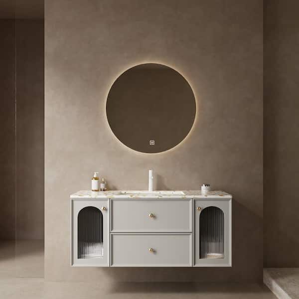 PARASOLAR 48 in. FreestandingLight Gray Bath Vanity with Terrazzo Stone Top and White Ceramic Basin, Sink Hole Cover and Drai