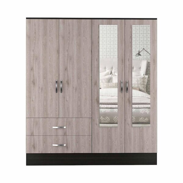 HomeRoots Amelia Black and Light Oak Armoire with Drawers and Shelves 70.8 in. H x 63 in. W x 19.4 in. D