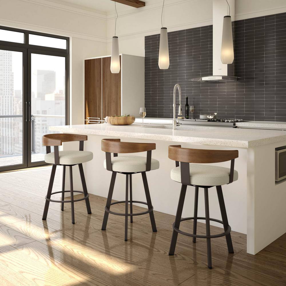 Lars 30'' Swivel Bar Stool in Cream Bouclé and Brown Wood