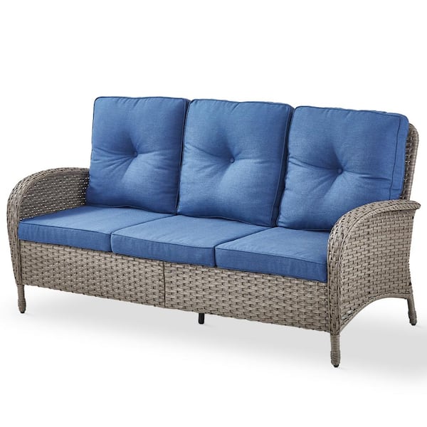 Flat armrest series 3 Seat Gray Wicker Outdoor Patio Sofa Couch with Deep Seating and Blue Cushions