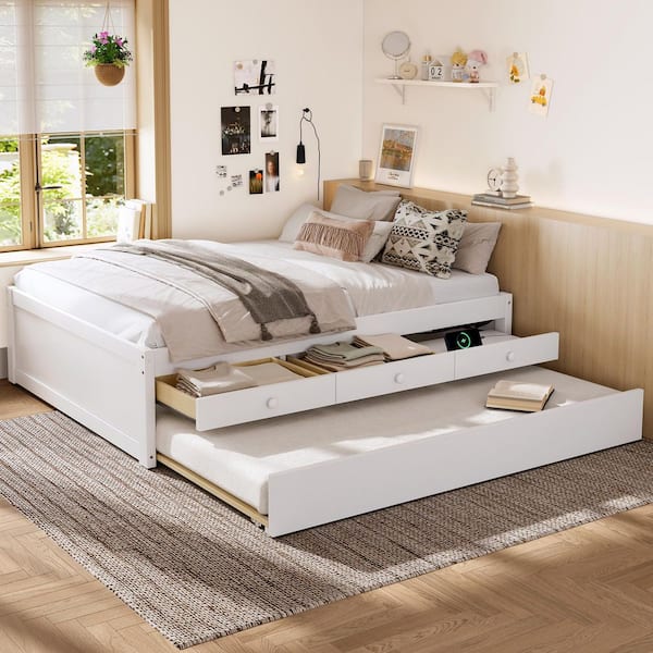 Blaton White Wood Frame Full Size Platform Bed with Trundle and 3 Drawers
