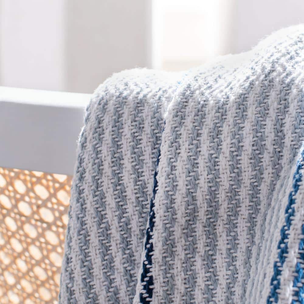 Blue and White Knitted Cotton Fringe Throw Blanket