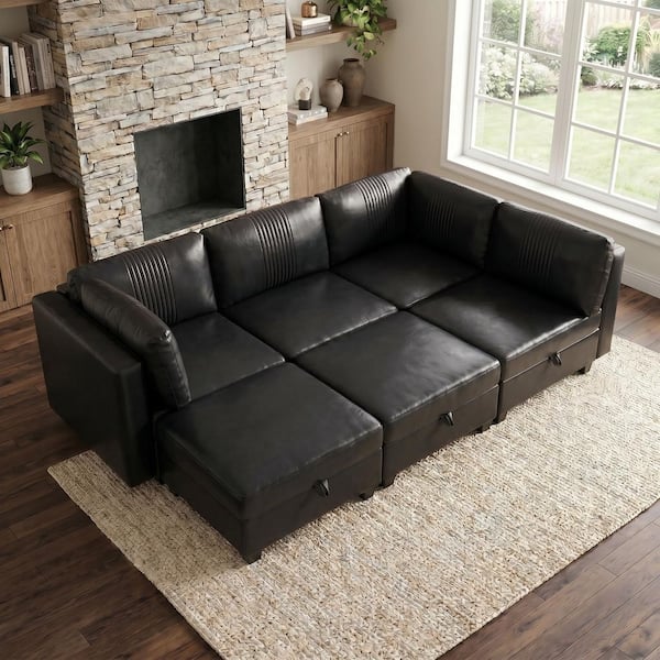128.35 in. 6-Piece Faux Leather Convertible Modular Sectional Sofa with 2 Ottomans and Hidden Storage in Black