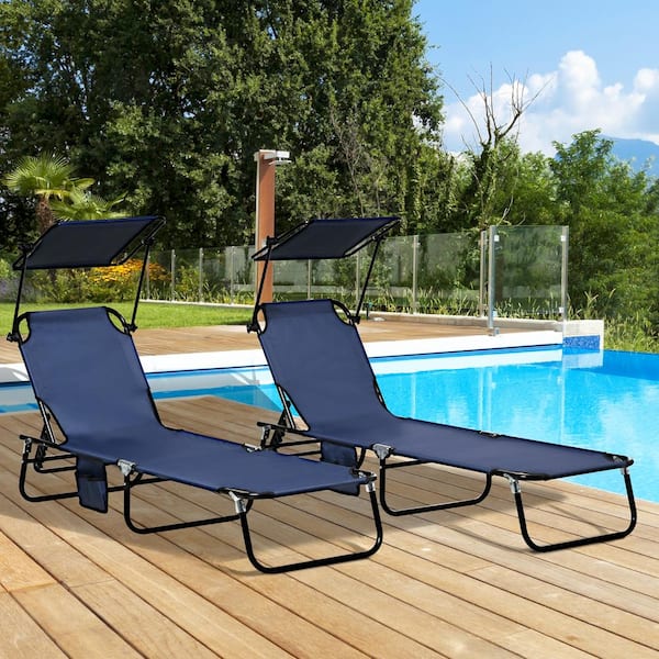 2-Piece Metal Dark Blue Outdoor Folding Chaise Lounge with Canopy Shade, Reclining Back, Steel Frame and Side Pocket