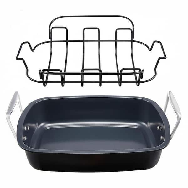 18.7 qt. Gray Steel Oven Safe Roasting Pan with Rack Nonstick Turkey Chicken Deep Tray for Holiday Cooking 1 Piece