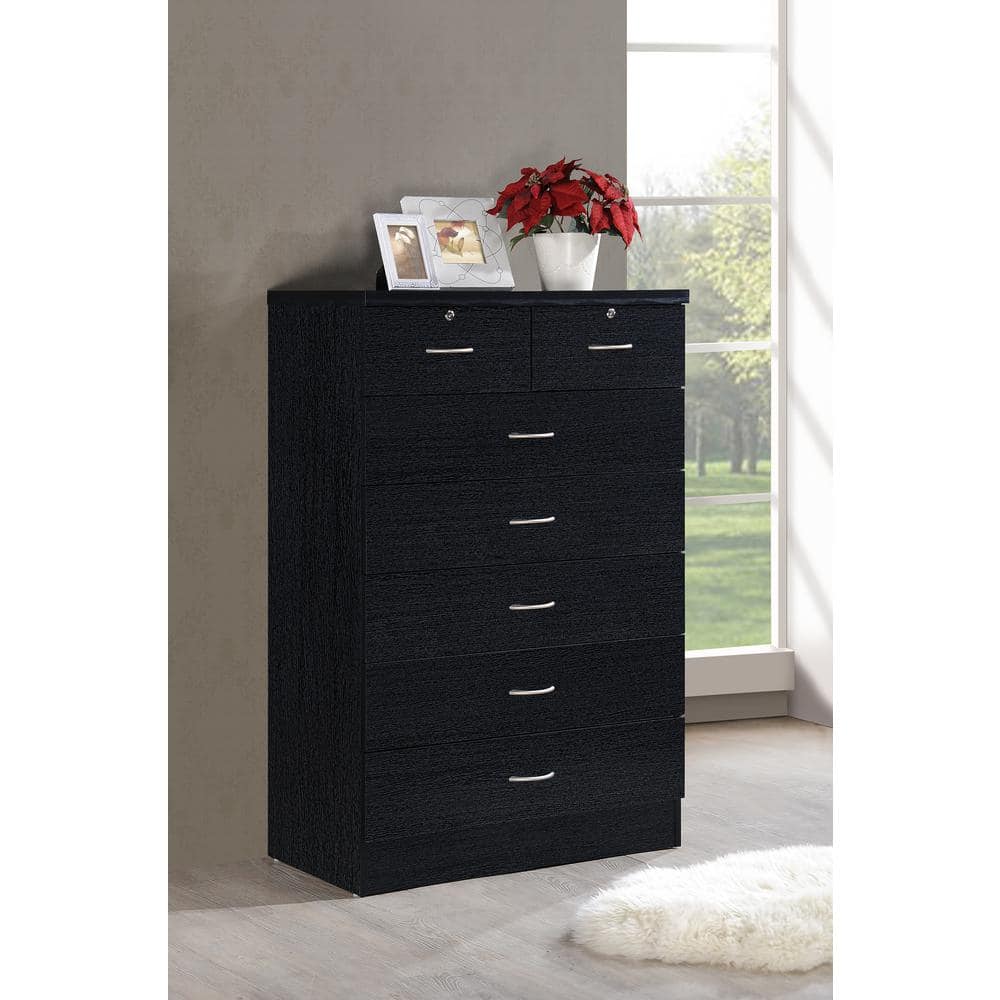 Black MDF 7-Drawer Chest with Locks and Mirror