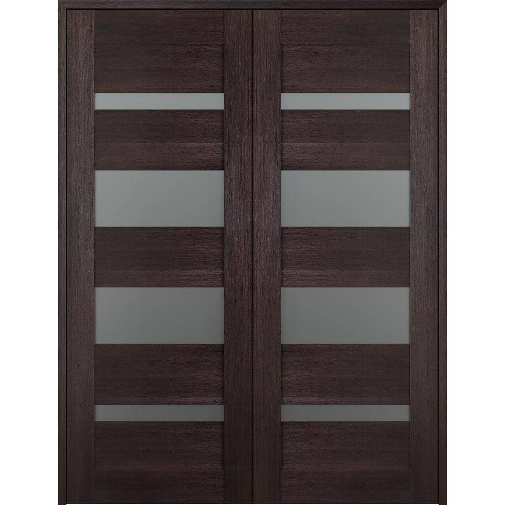 Vona 56" Brown Veralinga Oak Composite 5-Lite Frosted Glass Prehung Interior French Door