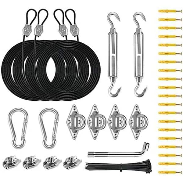 4-Piece 10ft Nylon Coated Stainless Steel Shade Sail Hardware Kit with Rope Clamps for Outdoor Canopy