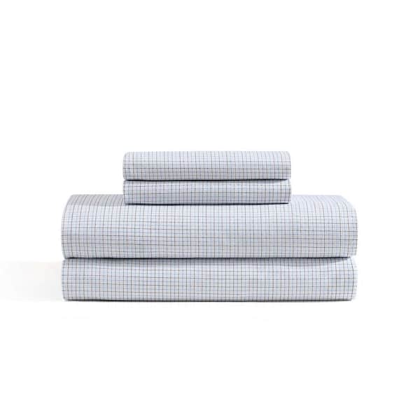 New England Plaid 4-Piece White/Core Navy/Rocky Grey Cotton Queen Sheet Set