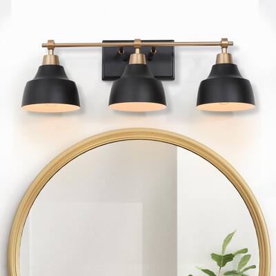 Modern Matte Black Bell Bath Vanity Light Classic 3-Light Cone Wall Sconce with Metal Brass Gold Arm for Powder Room