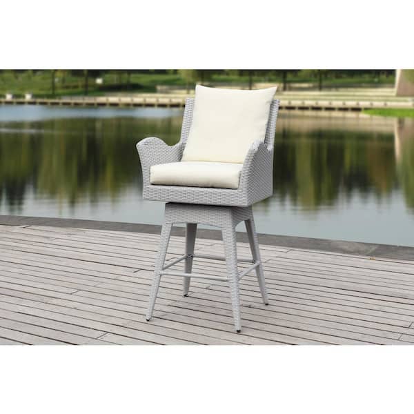 Hayes Grey Swivel Wicker Outdoor Bar Stool with Beige Cushion
