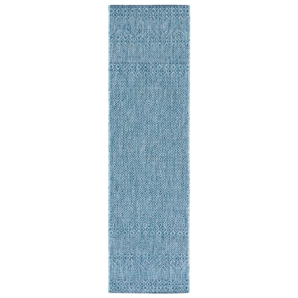 Courtyard 2 ft. x 8 ft. Aqua/Navy Geometric Indoor/Outdoor Runner Rug