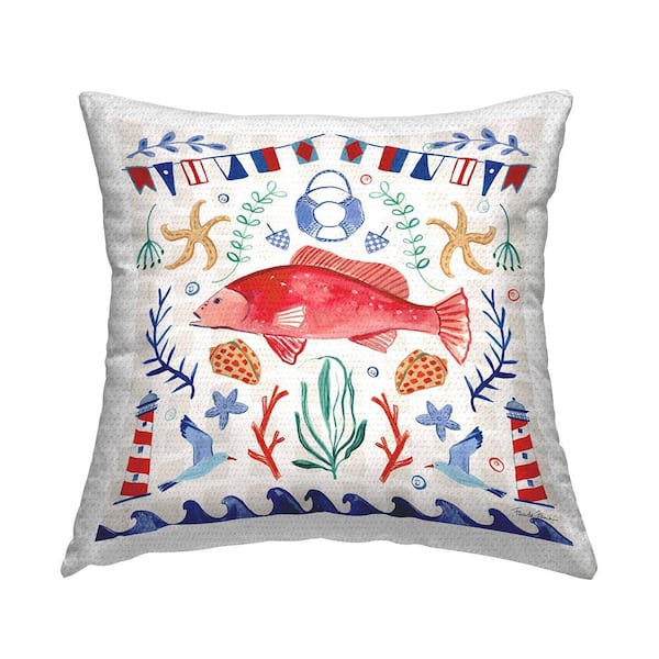 Stupell Industries Maritime Fish and Shells Pattern Multi-Color Square Outdoor Throw Pillow