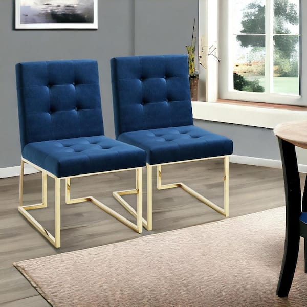HomeRoots Tufted Navy Blue And Gold Upholstered Velvet Side Chair (Set Of 2)